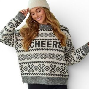 A New Day "Cheers!" graphic pullover sweater Black, Gray and Cream #00207